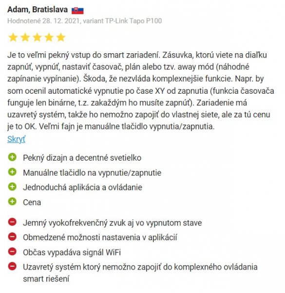 Recenzie a skúsenosti s inteligentnou zásuvkou TP-Link Tapo P100 na Alza