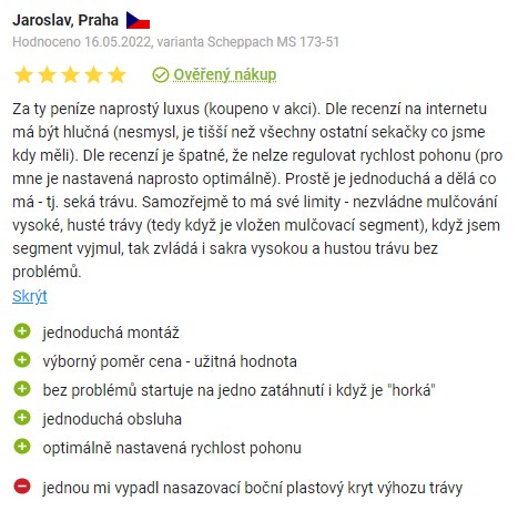 Recenze a zkušenosti s mulčovací sekačkou Scheppach MS 173-51 na Alze