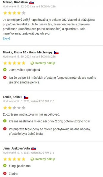 Recenzie a skúsenosti s napeňovačom mlieka ECG NM 216 na Alza