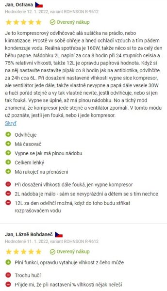 Recenzie a skúsenosti s odvlhčovačom vzduchu Rohnson R-9612 na Alza