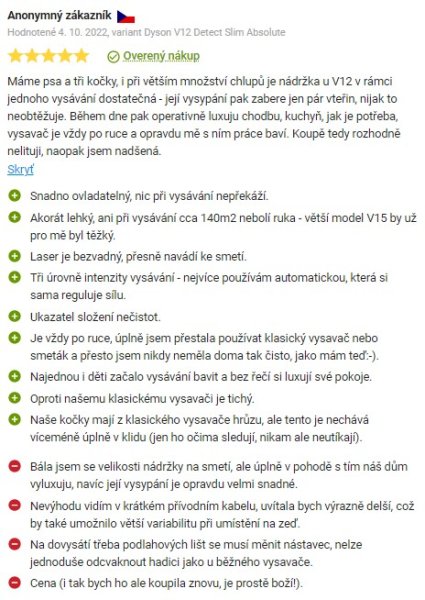 Recenzie a skúsenosti s tyčovým vysávačom Dyson V12 Detect Slim Absolute